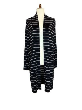 A New Day Cardigan Long Line Open Front Black Taupe Stripe Wool Blend